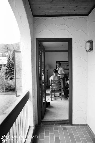 The bride getting ready in her suite at The Charter in Beaver Creek, Colorado