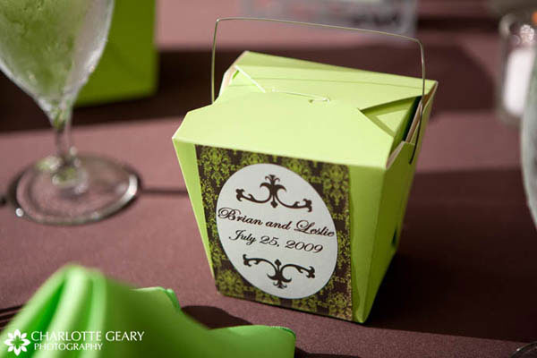 Wedding favors in a green Chinese take-out box