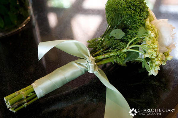 Green bouquet tied with a light green ribbon
