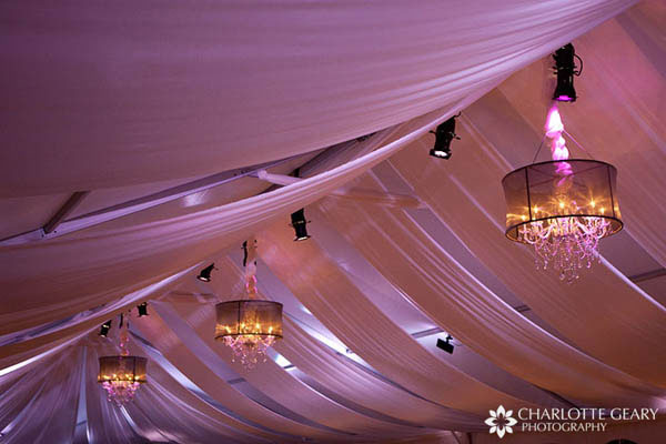 Chandeliers in wedding reception tent
