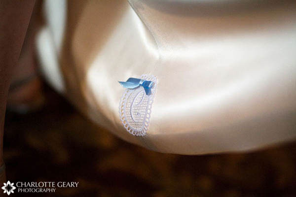 Something blue embroidered inside the bridal gown