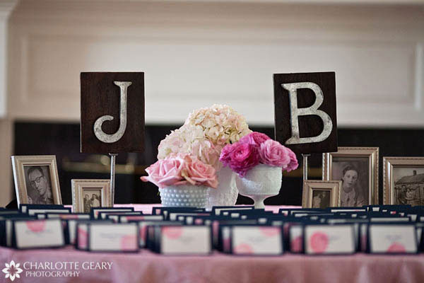 Display of family photographs and the initials of the bride and groom