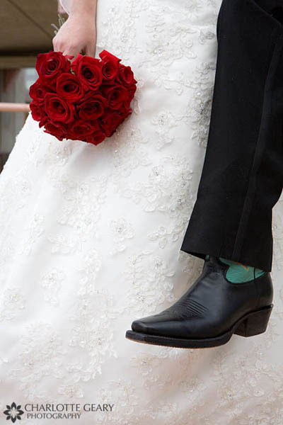 Groom with black and green cowboy boots