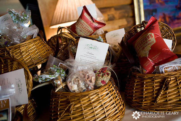 Baskets of local goodies for out-of-town wedding guests