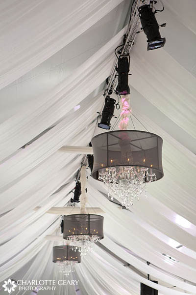 Chandeliers hung from reception tent