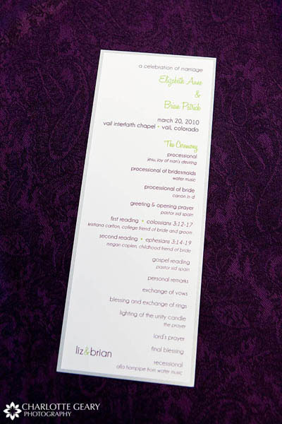Purple and green wedding program