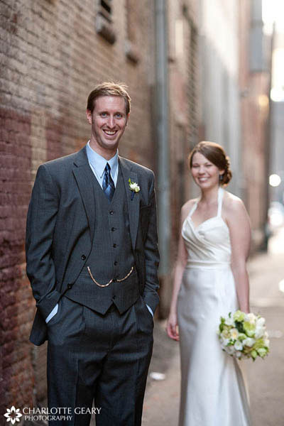 Groom in three-piece gray suit with pocketwatch