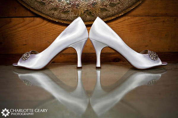 White satin open-toe wedding pumps